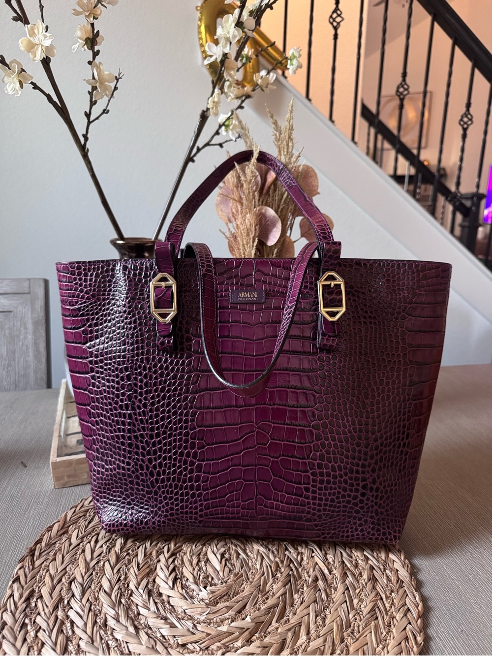 Armani Croc-Embossed Tote in Plum